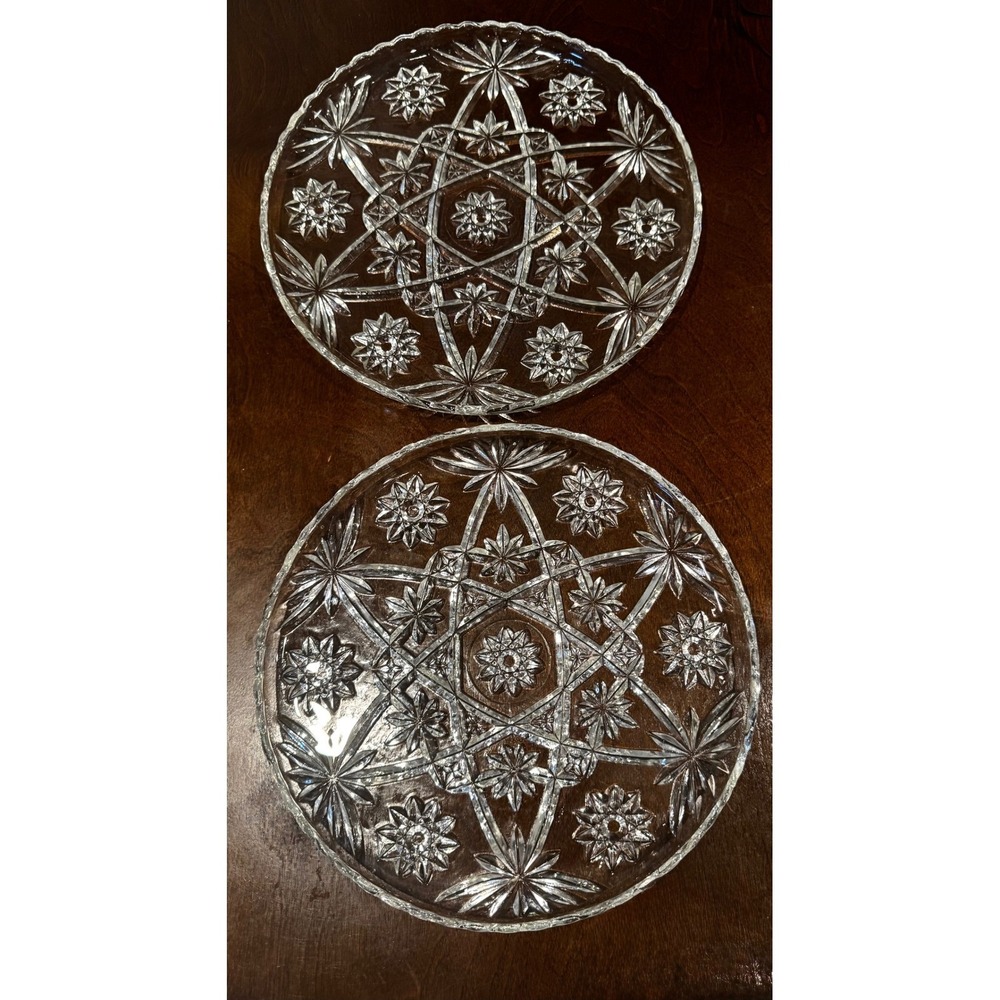 Vintage Anchor Hocking Star of David Crystal Glass Serving Tray Cake Plate Set 2